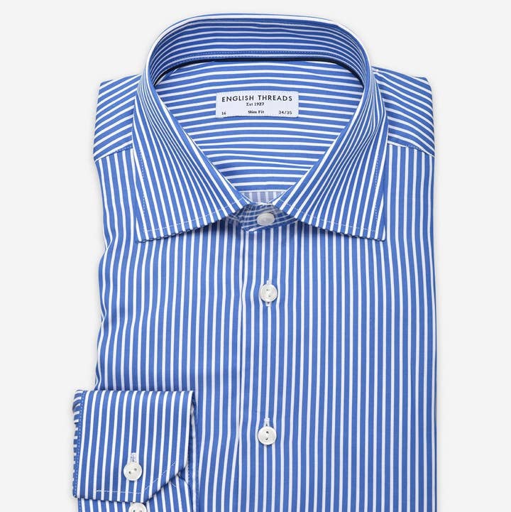 Royal Blue Bold Striped Poplin Shirt - Slim Fit for wholesale by English Threads