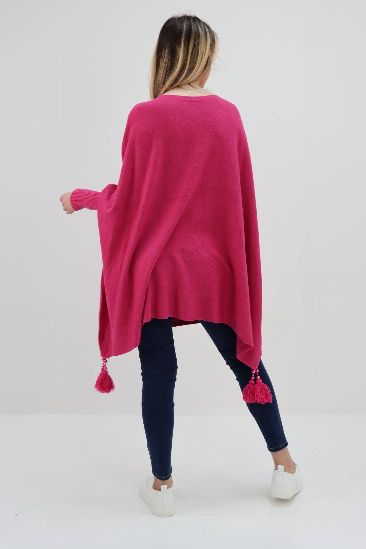 Miss Bold - Wholesale Poncho - Women's - Italian Plain Batwing Sleeves Tassels Tunic Poncho16