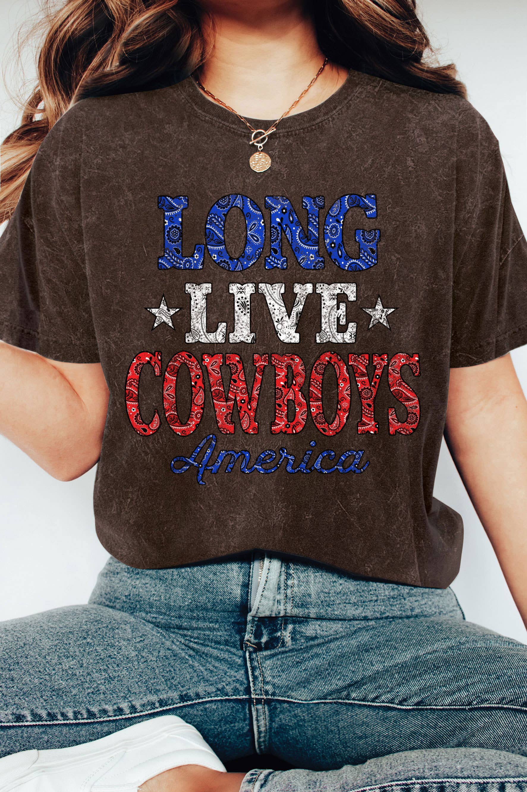 Rustee Clothing – wholesale Screen printed t-shirt – Women′s – LONG LIVE COWBOY BANDANA MINERAL GRAPHIC TSHIRTS1