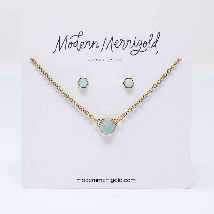 Hexagon Necklace & Earring Set in Amazonite for wholesale by Modern Merrigold Jewelry Co
