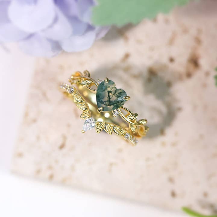 Azura Jewelry - Wholesale Band/Stacked Ring - Everlasting Heart Moss Agate Ring (Yellow Gold)©