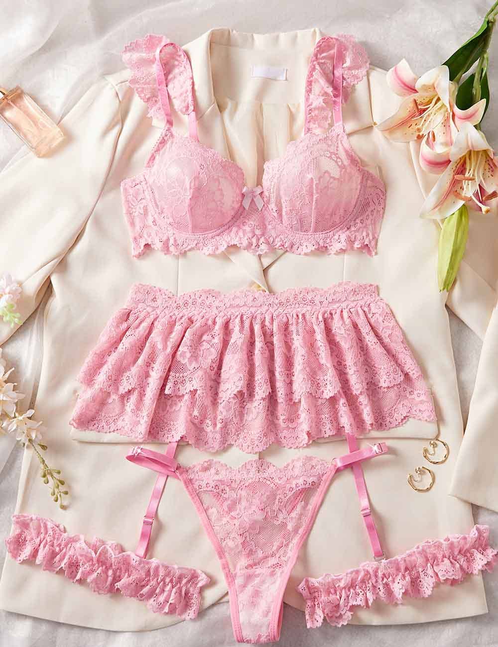 Rosa Chiaro Set di lingerie sexy da donna con giarrettiera a balze in pizzo a strati 4 pezzi in vendita all'ingrosso su Faire