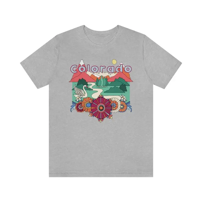 Hey Mountains - Wholesale Screen Printed T-Shirt - Women's - Colorado T-Shirt - Retro Mountain / Hippie Style Colorado Sh7