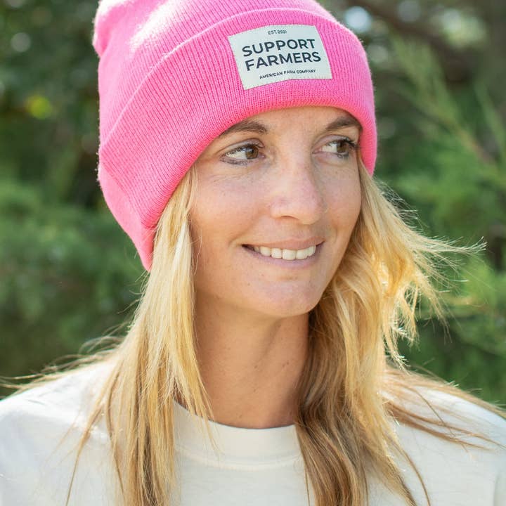 Hot Pink ‘Support Farmers’ Beanie for wholesale on Faire3