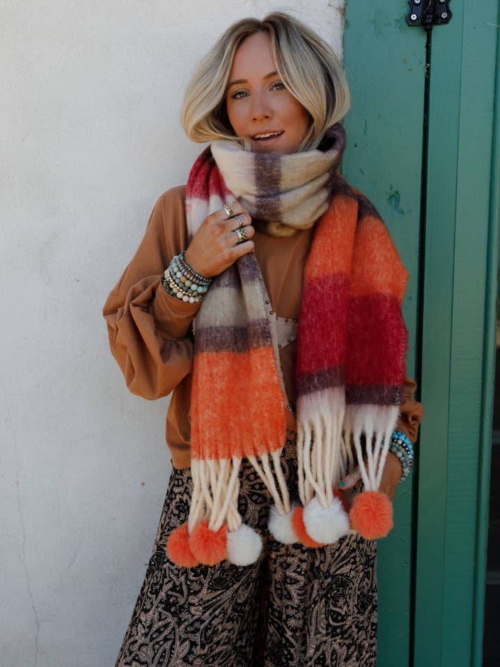 Chill Stripe Fall Pom Scarf - Orange for wholesale by Three Bird Nest