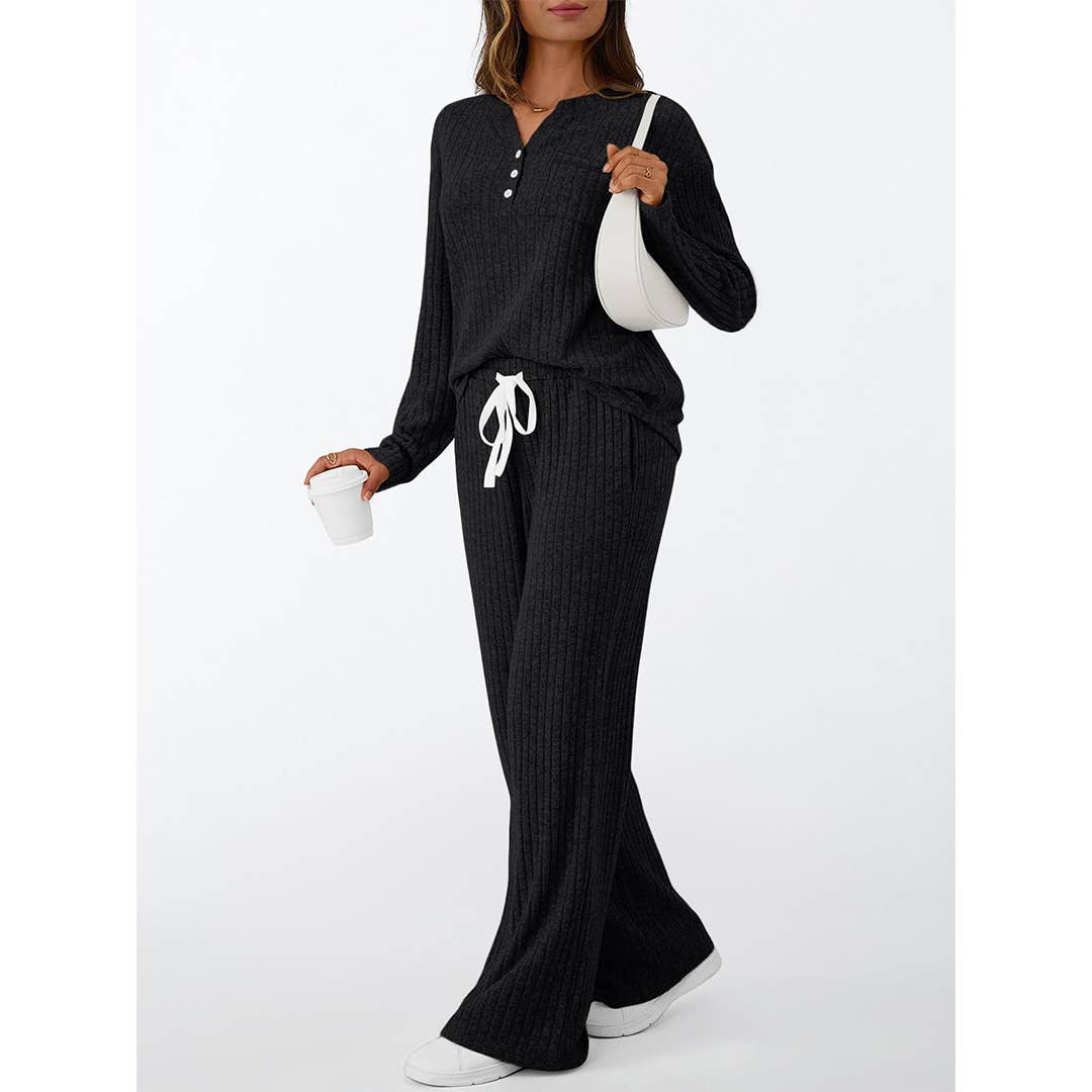 UNISHE - Vente Ensemble de vêtements d'intérieur – femme - Ensemble de pyjama à manches longues côtelées avec boutons et pantalon AXY0396