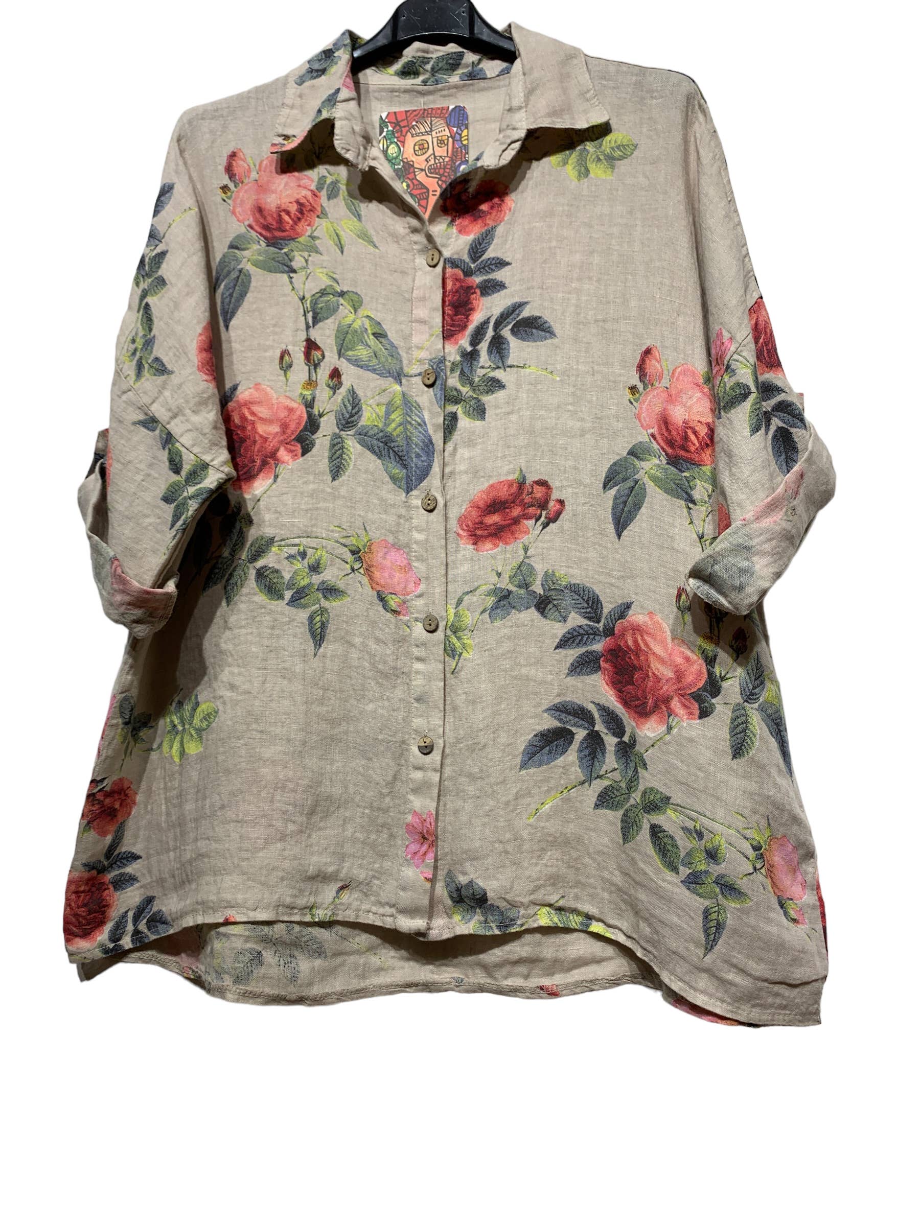 LINEN & COTTON HOUSE – Engroshandel Skjorte med buttondown – til kvinder – Tunika i 100% hør med blomsterprint 523526
