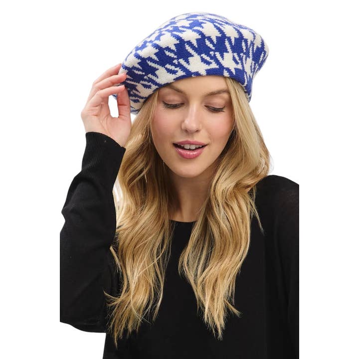 Artini Accessories - Wholesale Beret - Women's - Houndstooth Pattern Soft Knit Beret Hat4