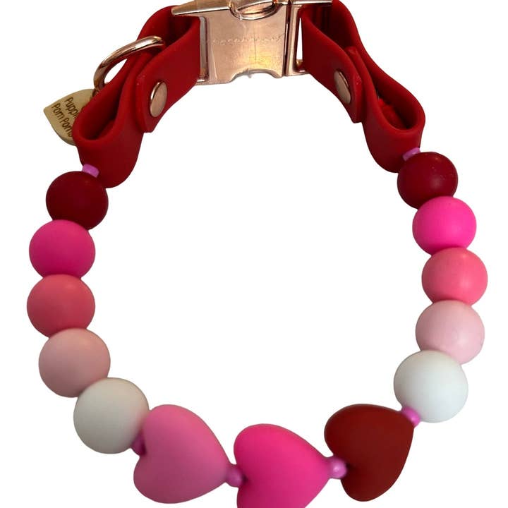 Handmade Valentine Heart Bead Dog Collar - Quick Release Buckle for wholesale by Puppies & Pom Poms