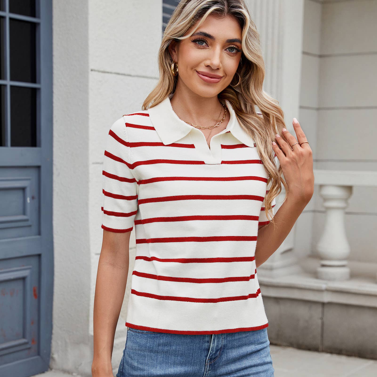 Lily Clothing - Wholesale Knit Sweater - Women's - CASUAL COLOR STRIPED SWEATER WITH LAPEL NECK9