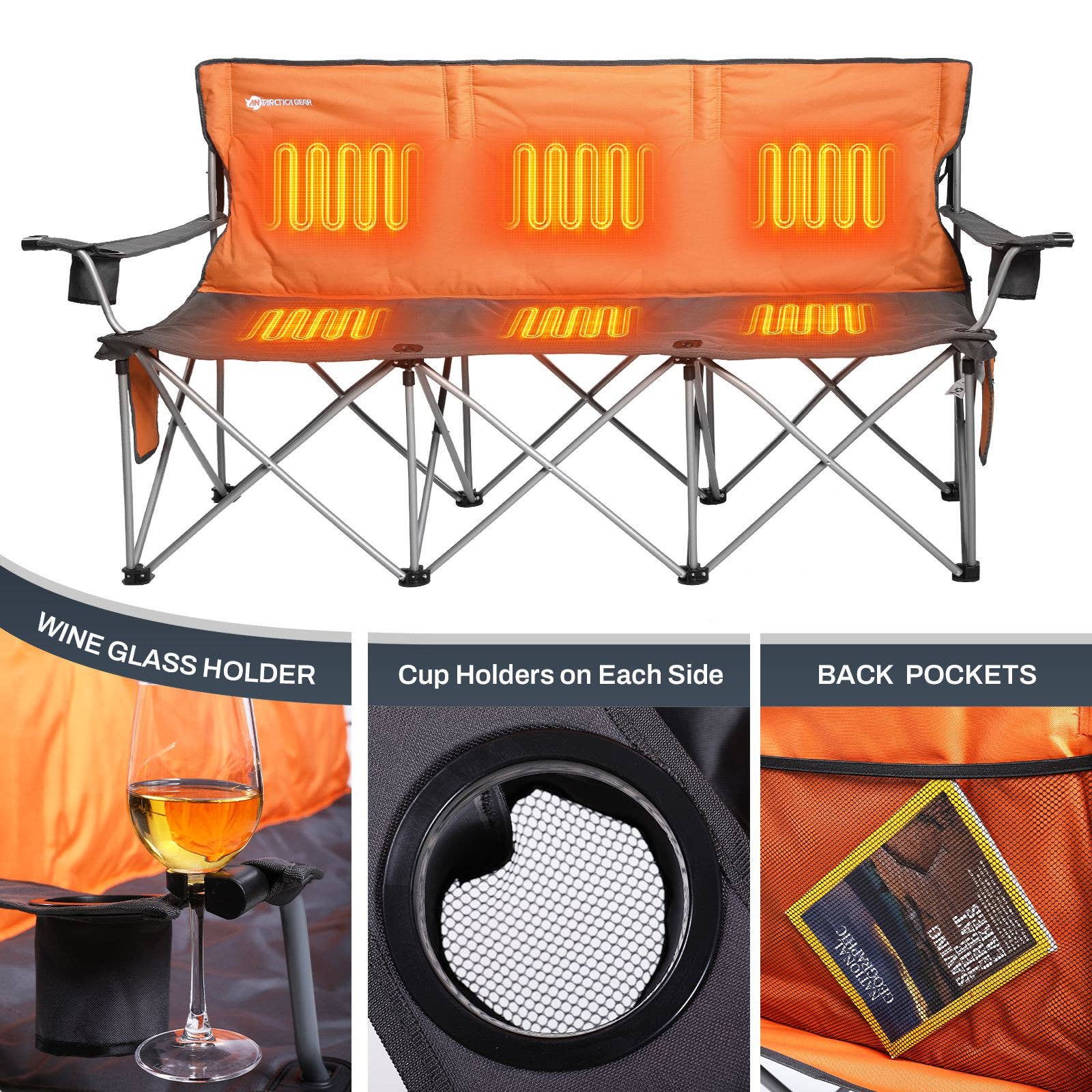 Antarctica Outdoors – wholesale Folding chair – ANTARCTICA GEAR Heated 3-Person Camping Chair with 12V 15000mAh Battery Pack10