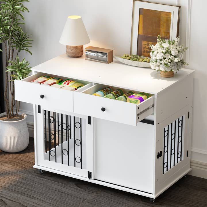 39F Inc. - Wholesale Pet Carrier - Dog - 39.37'' Wooden Dog Crate with Drawers & Barn Door White12