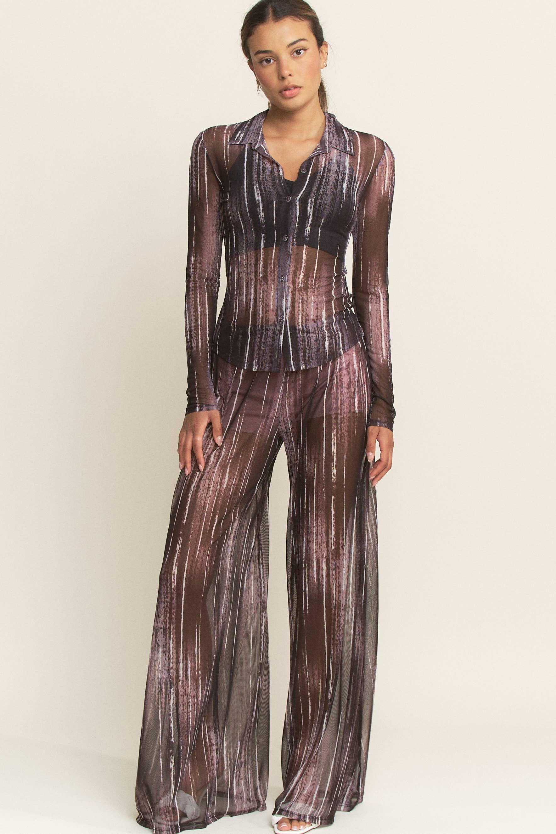 YNEZ - Wholesale Pants - Women's - Vibrant Stripe Print Sheer Wide Leg Cocktail Going Out Pant7