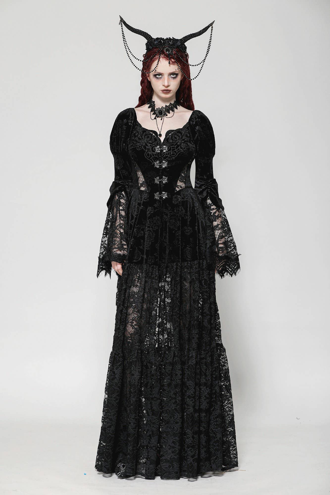 Western Fashion - Wholesale Coat - Women's - JW273 – Gothic embossed velvet and lace long outerwear coat2