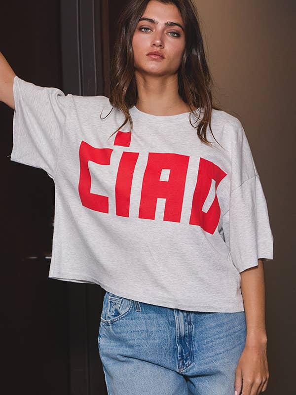 H grey Red T1754D 'CIAO' Graphic Jersey Boxy Crop Top for wholesale on Faire9