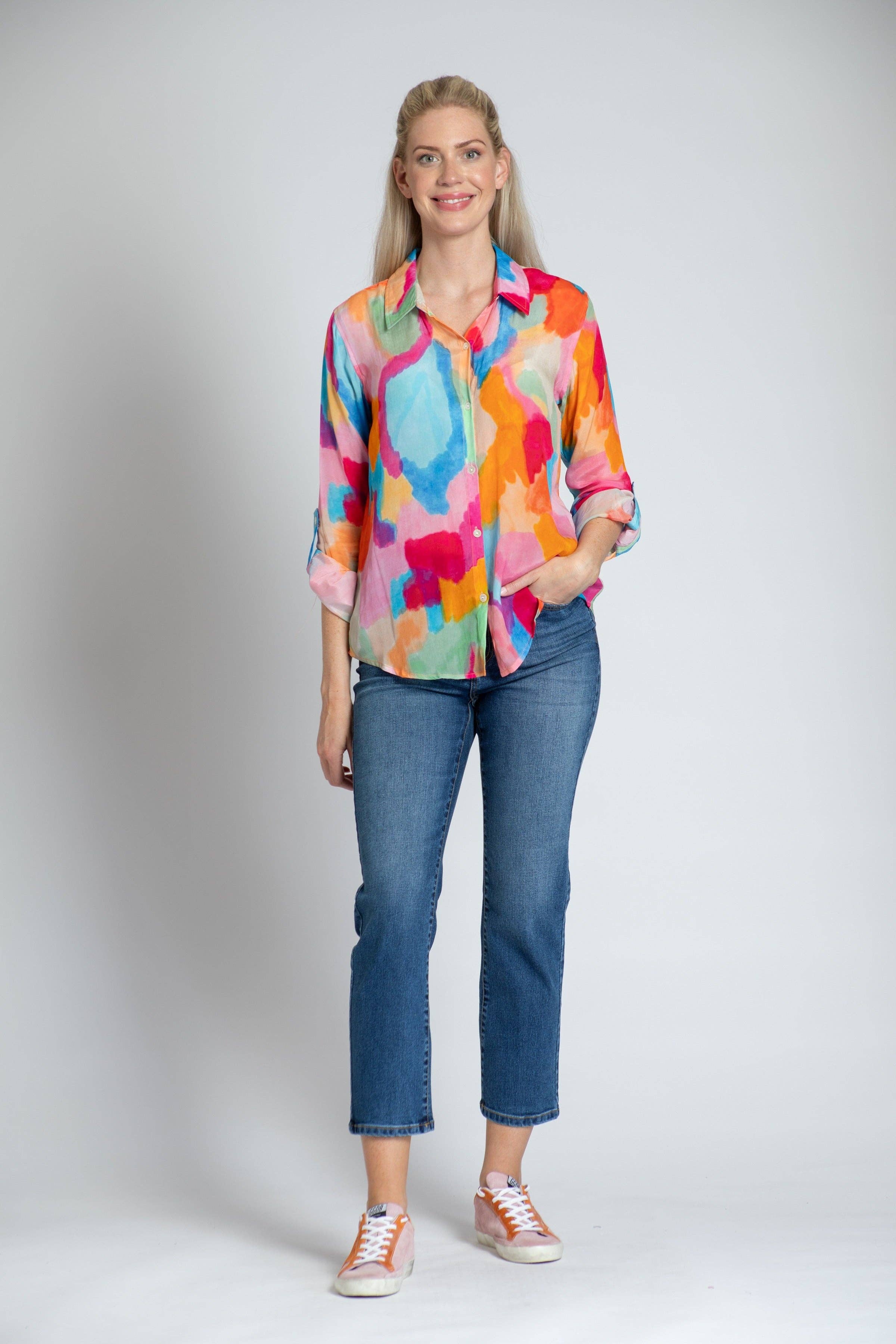 No Color Vibrant Abstract Print - Button-up With Roll-up Sleeve for wholesale on Faire0