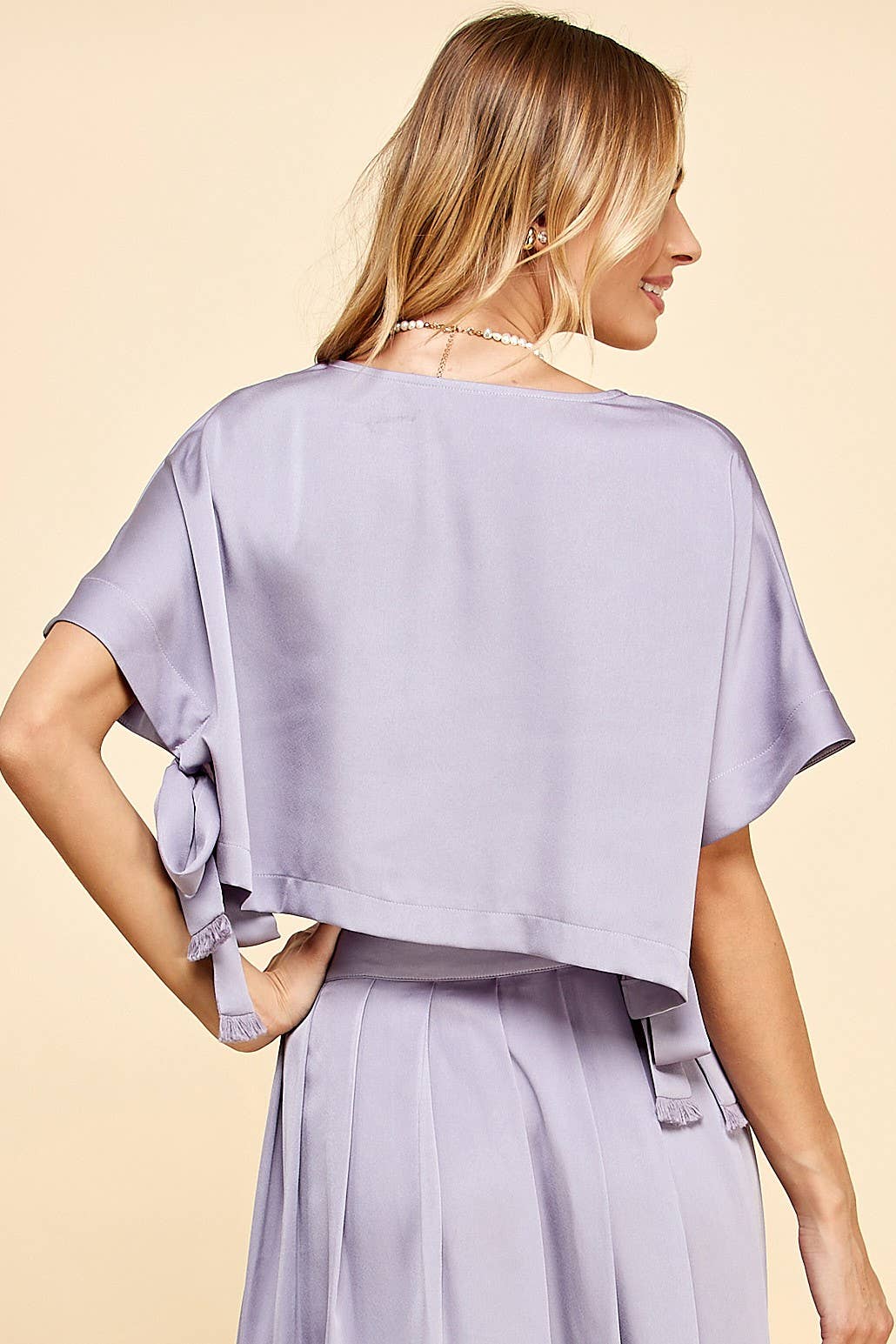 Lilac Satin Drop Shoulder Cropped Top for wholesale on Faire3