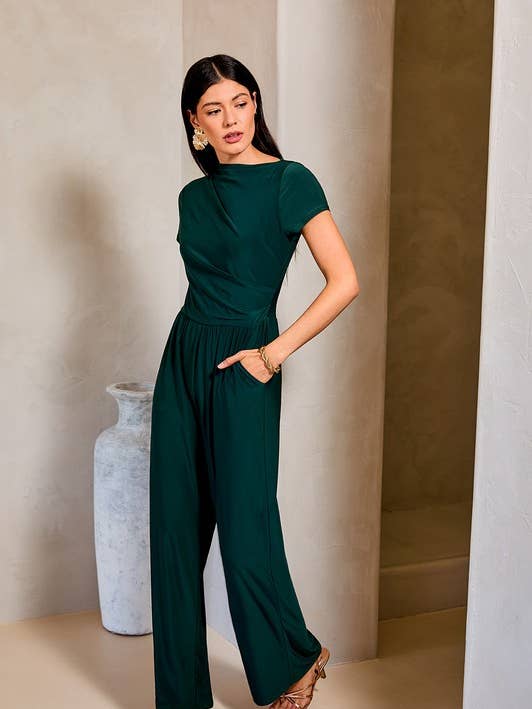 Hunter Green Cowl Tunic Neck Short Slevee Jumpsuit for wholesale on Faire