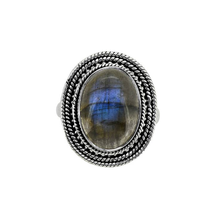 Bague de déclaration Halo en argent 925 avec labradorite Stargrain pour la vente par Tiramisu