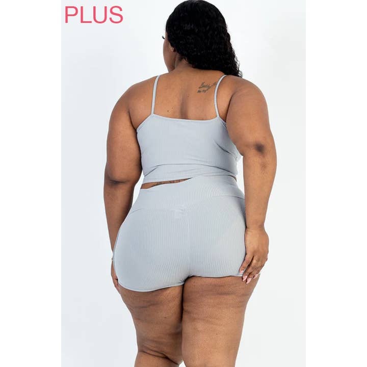 Timeless - Wholesale Lounge Set - Women's - Plus Size Ribbed Cami Crop Top and Ruched Shorts Set7