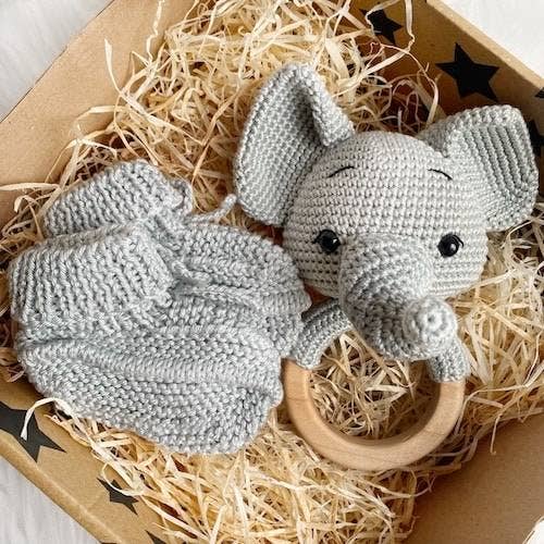 Baby Elephant Rattle and Handmade Booties Gift Set for wholesale by THE CROCHET DOLLS LIMITED