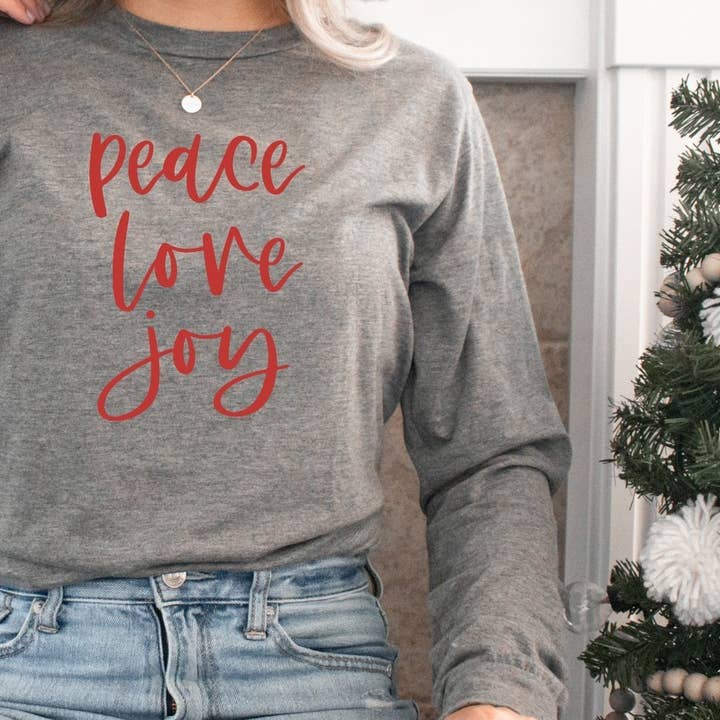 Paix Amour Joie. Tee à manches longues gris pour la vente par Be Kind 2 Me