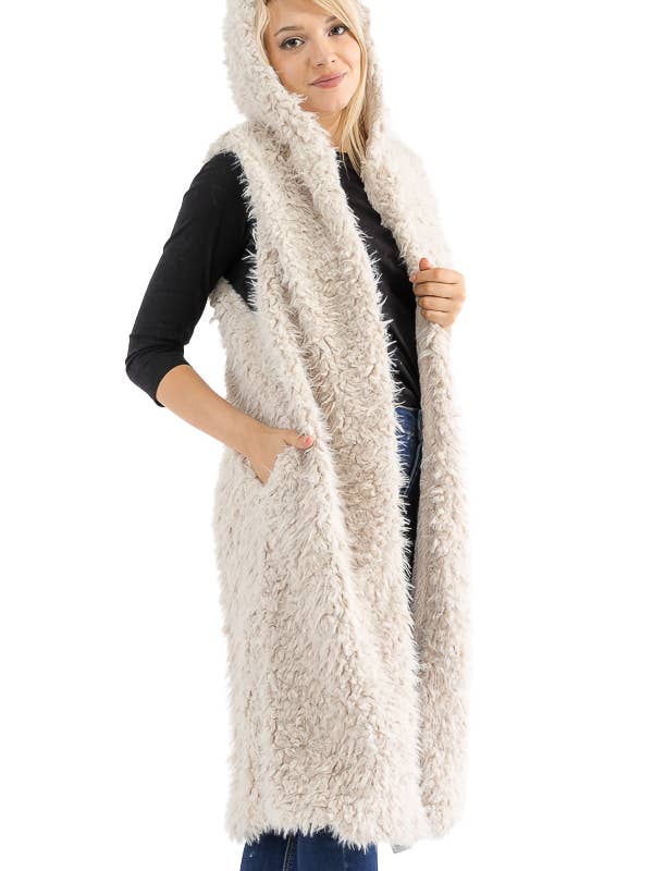 Luxury High Fashion Hood Shaggy Faux Fur Pocketed Long Vest for wholesale by Cap Zone
