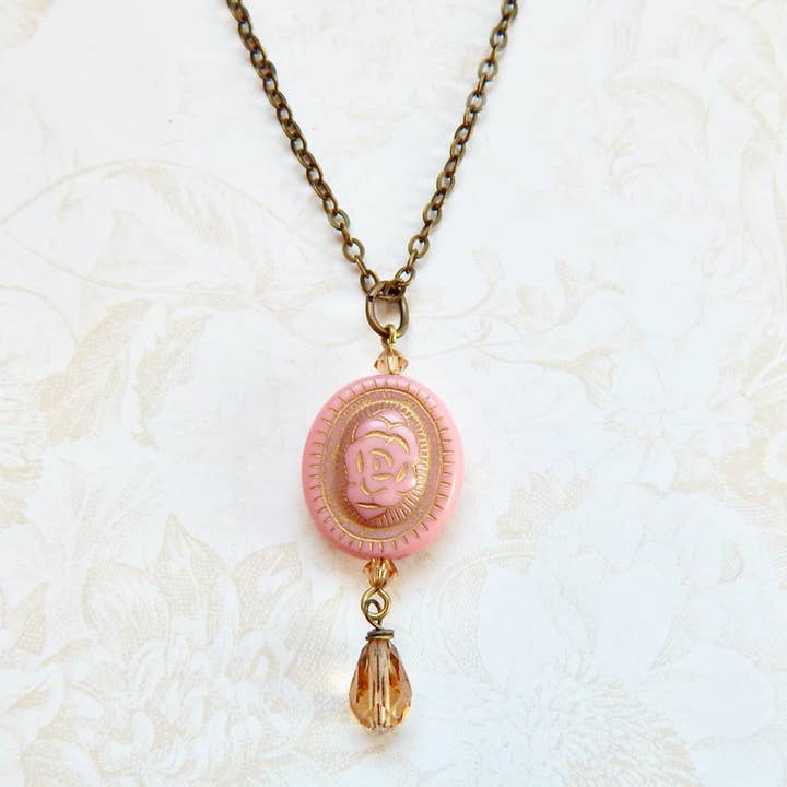 Rose pink necklace - Pink Rose Necklace - Rose Necklace for wholesale by The green antique trunk