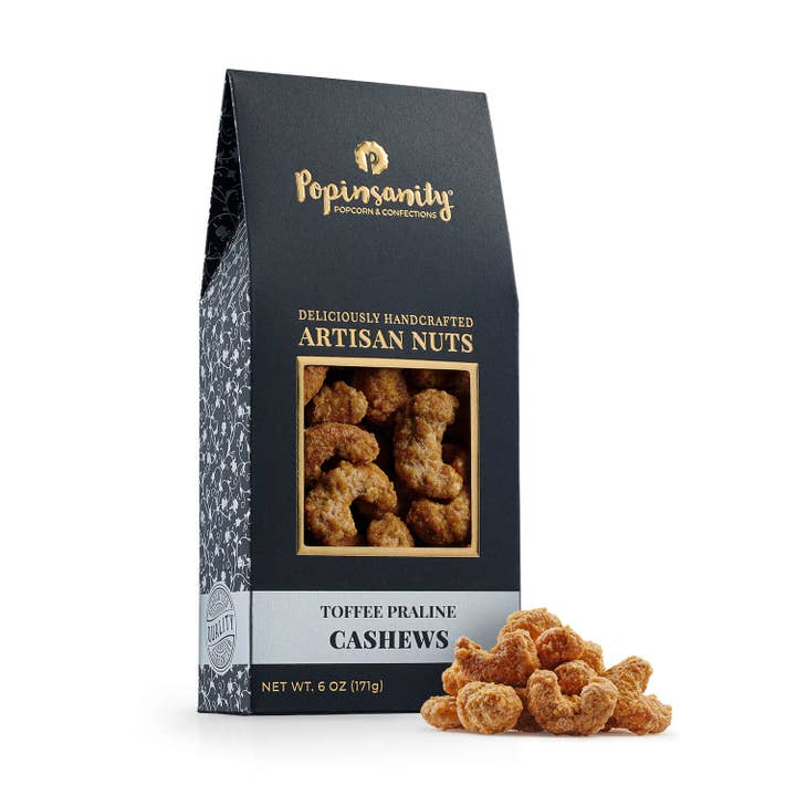 Popinsanity Popcorn & Confections - Wholesale Nuts - Toffee Praline Cashews | Gourmet Candied Nuts Gift | 6oz Box