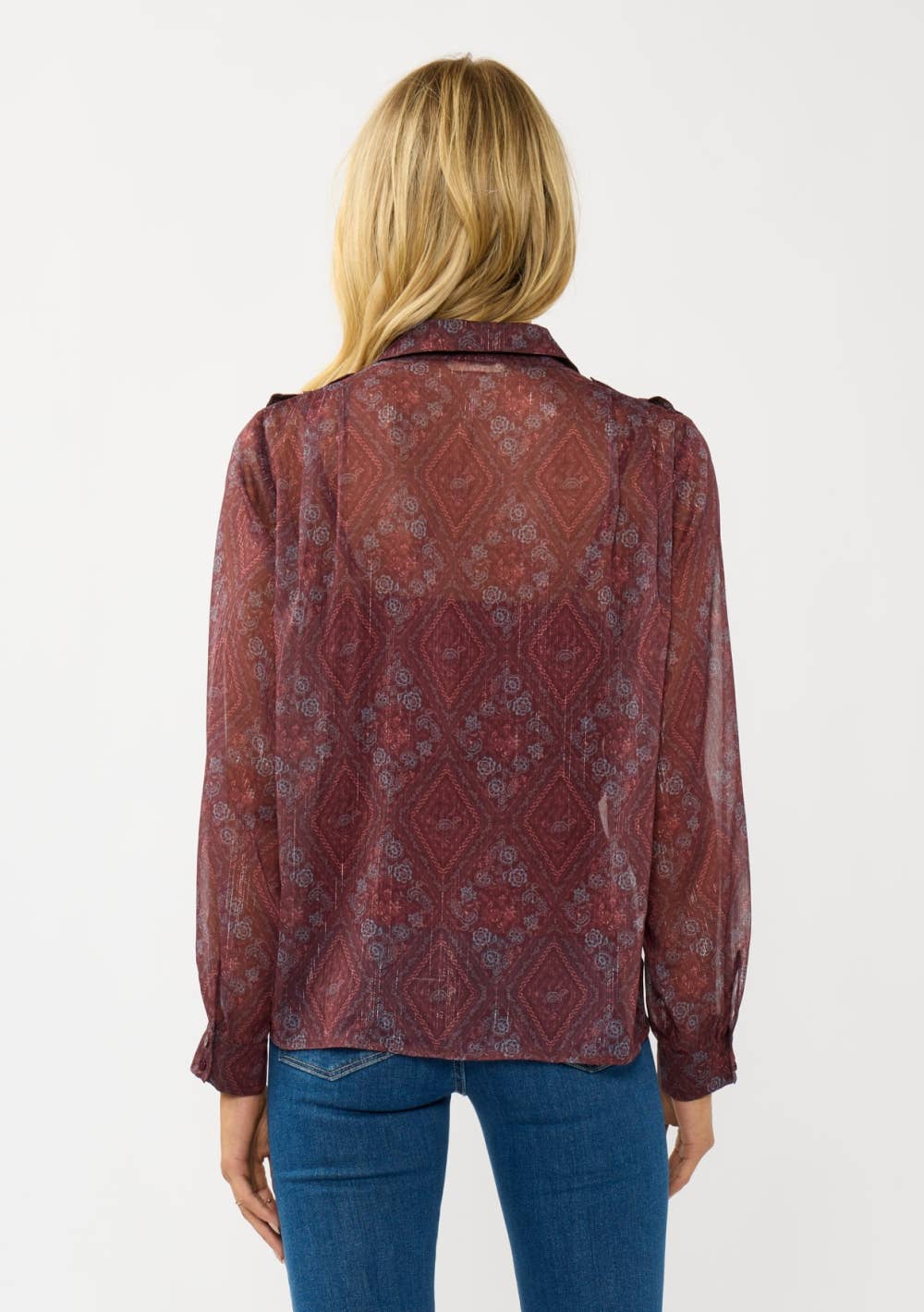 WINE ROSE Diamond Floral Sheer Blouse for wholesale on Faire2