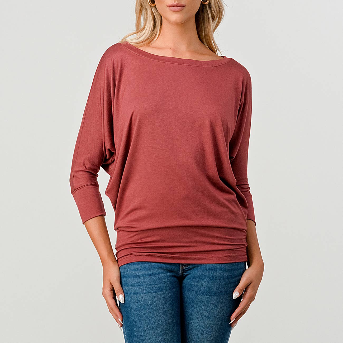 Heimious - Wholesale Knit Top - Women's - 3/4 Dolman Sleeve Round neck Modal Jersey  Top, 250322