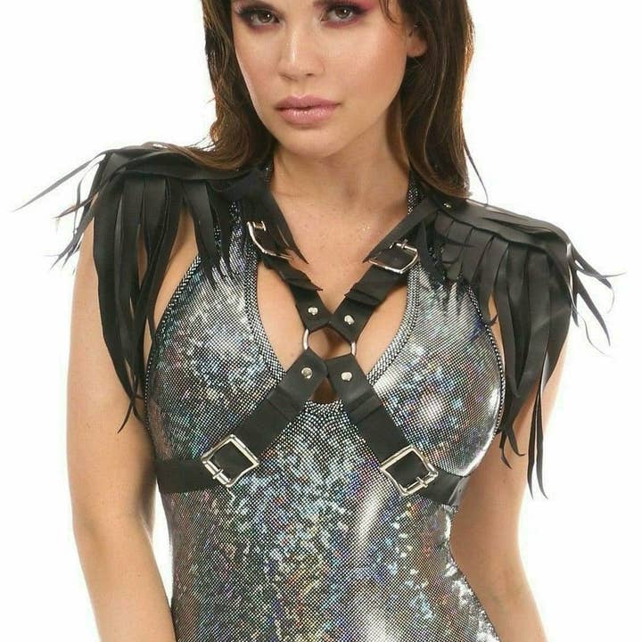 Schwarzes Veganes Leder-Bodyharness mit Schulterfransen für den Großhandel von Daisy Corsets