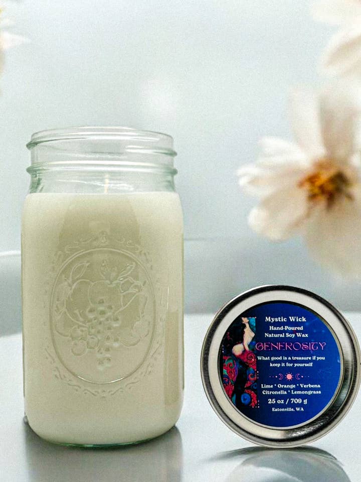Citronnelle et citronnelle - Cire de soja (Générosité) - Bougie en pot Mason 25 oz pour la vente par Mystic Wick LLC