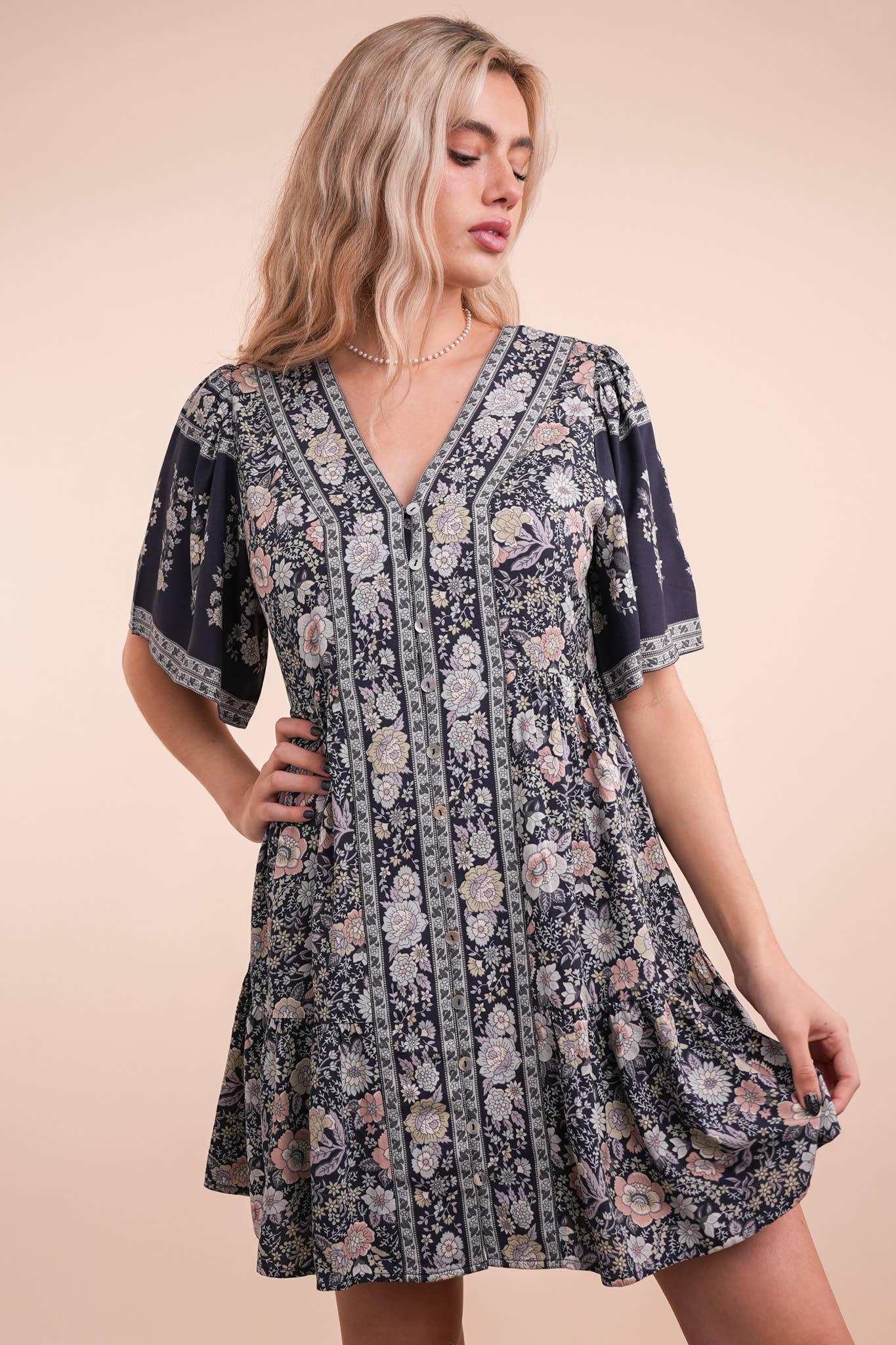 VERY J - Wholesale Dress - Women's - ND31637-Shirring Detail Printed Woven Mini Dress2
