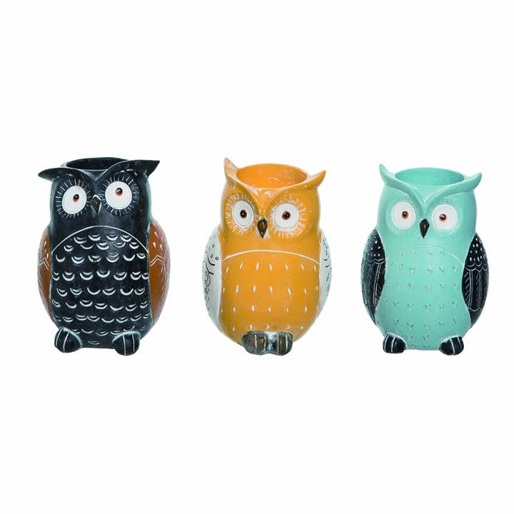 Transpac - Wholesale Plant Pot - CLOSEOUT Funky Owl Resin Planter Set of 3 Multicolored Decor