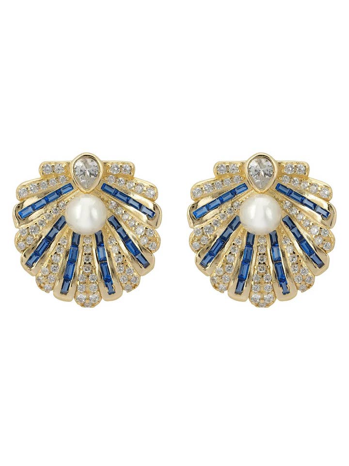 Art Deco Scallop Shell Earrings Sapphire Blue With Pearl Gold for wholesale by Latelita