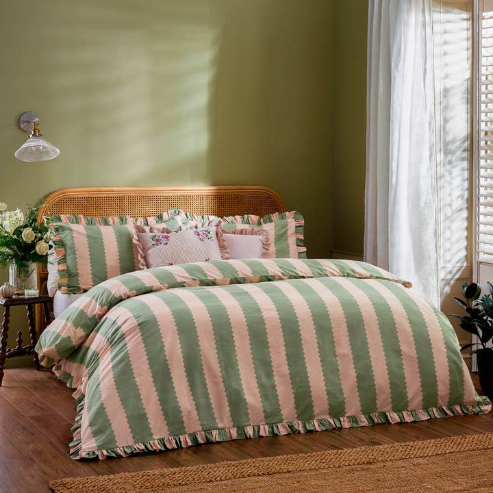 Pink Green Birdie Stripe Ruffle Duvet Cover Set Pink/Green for wholesale on Faire