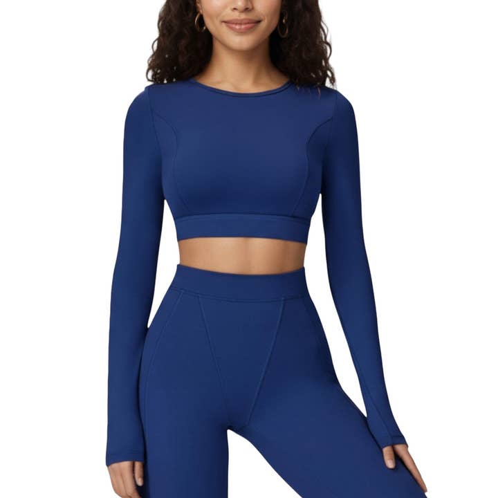 Active by Anna-Kaci - Wholesale Athletic Top - Women's - Ribbed Cropped Long-Sleeve Top with Square Neckline and Contour Seaming0