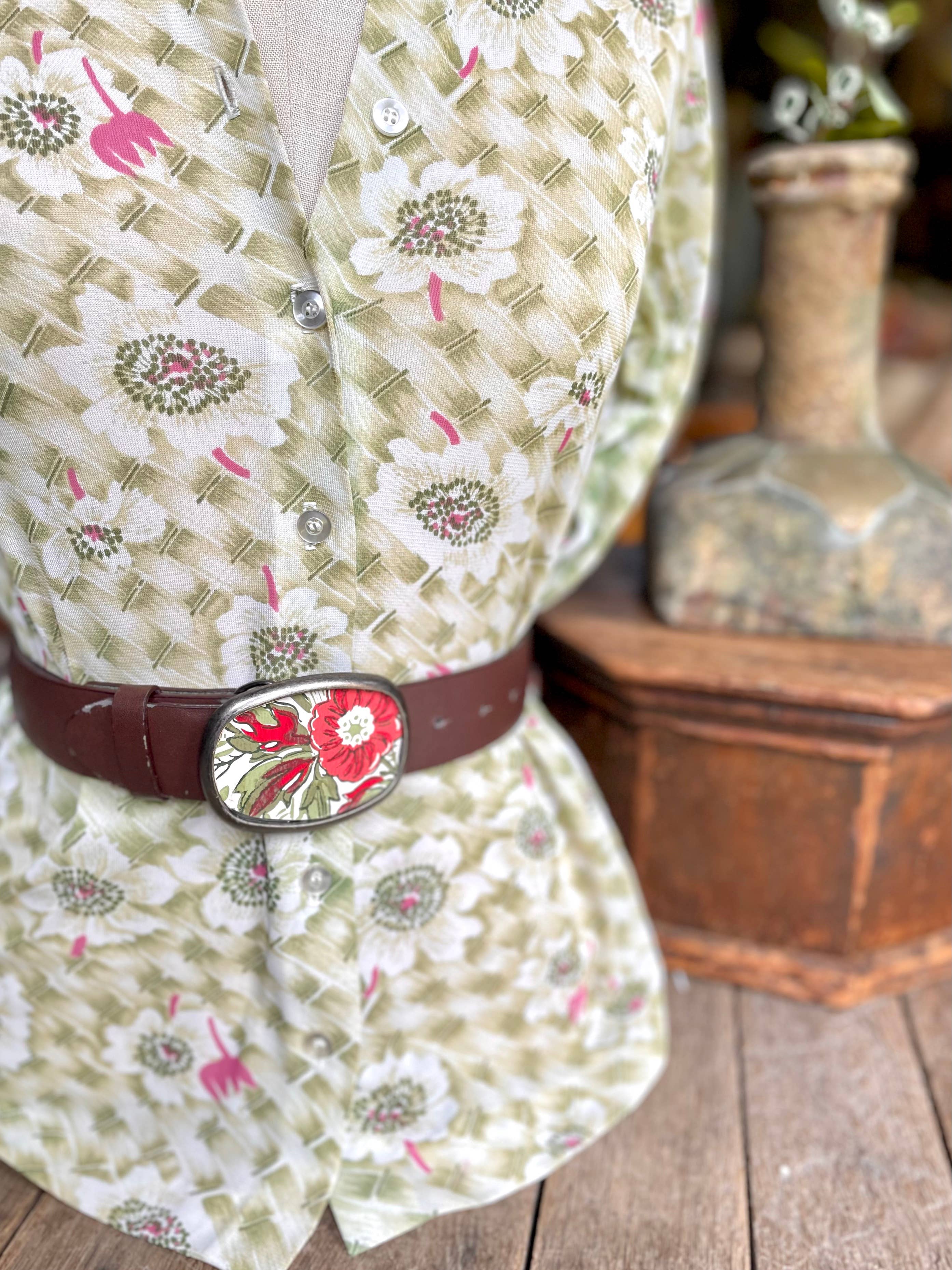 joeyfivecents - Vente Boucle de ceinture – femme - Boucle de ceinture - fleurs rouge terreux, verts de jardin, floraux2