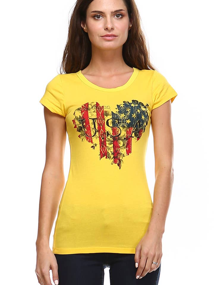 Yellow Crew neck Short sleeve tee with USA American flag for wholesale by Urban X Apparel