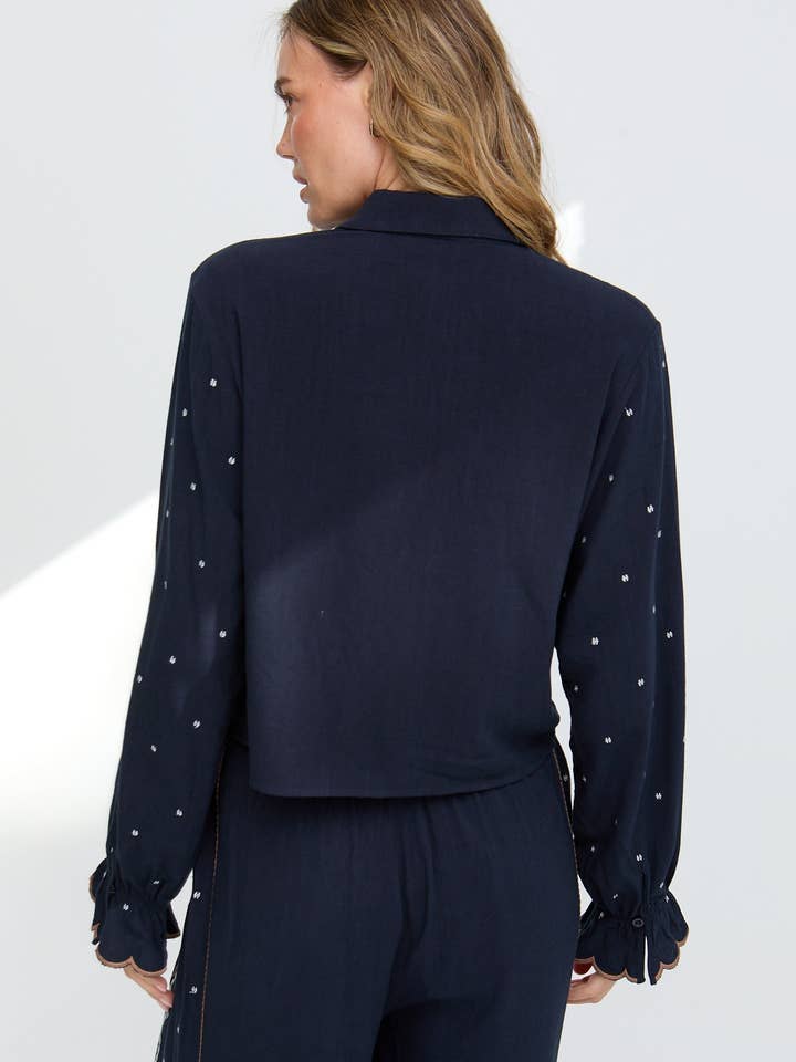 Raffya - Wholesale Button Down Shirt - Women's - Penny Boxy Embroidered Shirt In Navy4