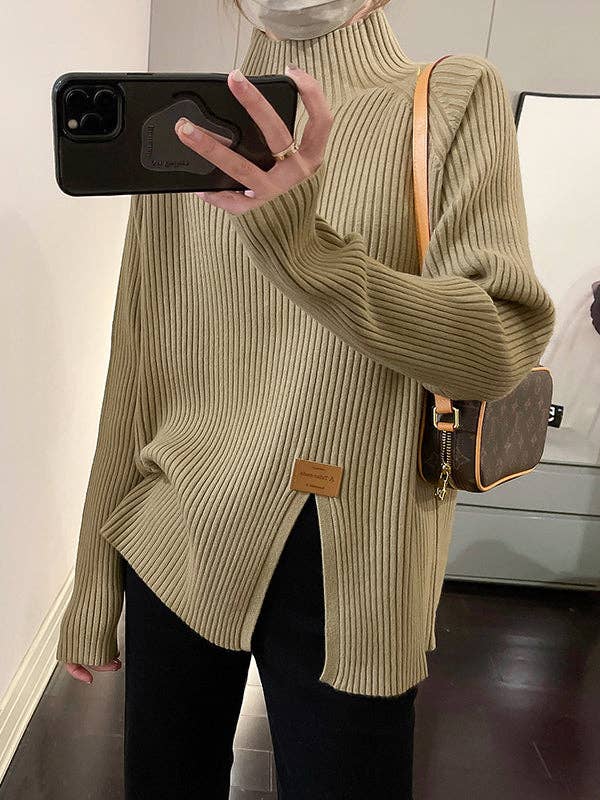 VividLux - Wholesale Knit Sweater - Women's - Long Sleeves Loose Split-Front Mock Neck Pullovers Sweater Tops2