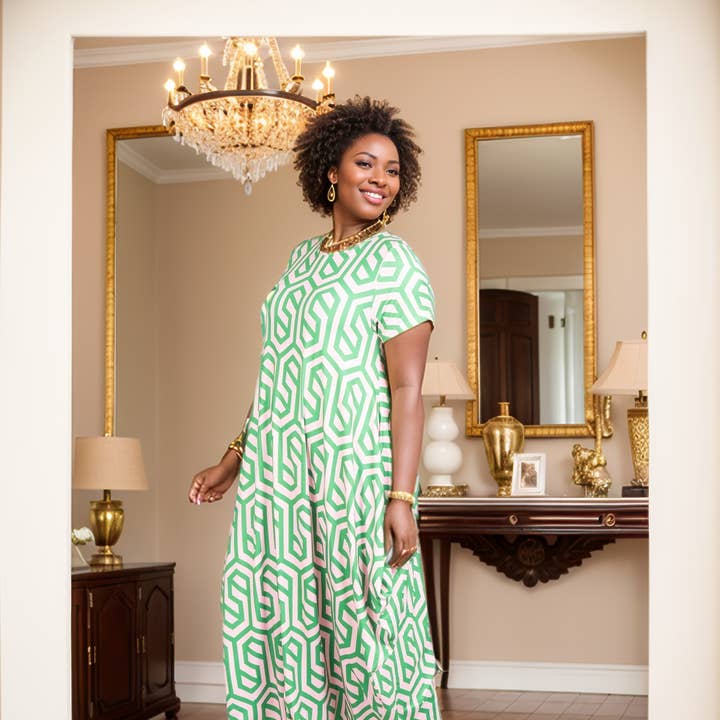22159 - Geomatric Print Comfy Gorgeous Maxi Dress and other Purchase Wholesale closeout apparel. Free Returns & Net 60 Terms on Faire trending on Faire.