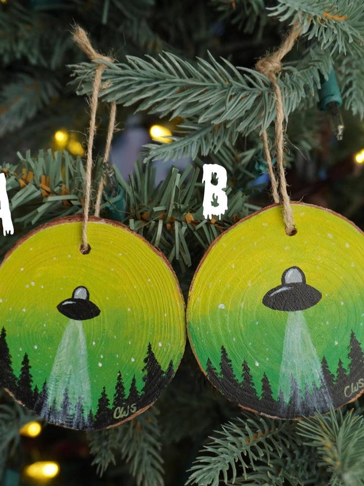 UFO Hand Painted Wood Ornament, Holiday Decor, Gallery Wall for wholesale by CDW Artistry