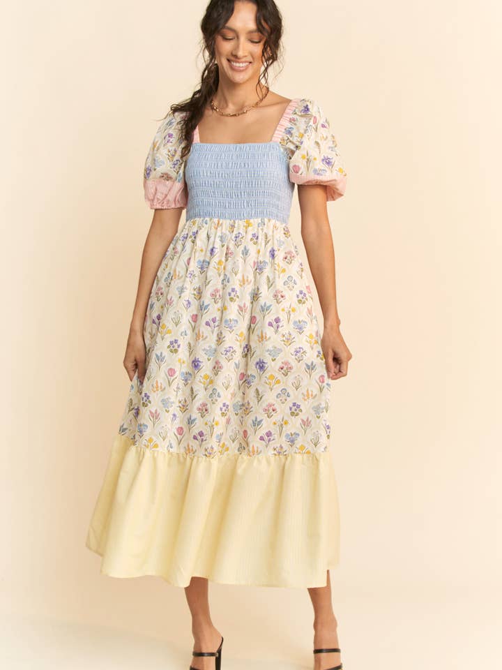 PASTEL YELLOW MULTI FLORAL BOUQUET WALLPAPER PUFF SLEEVE TIERED DRESS for wholesale on Faire7