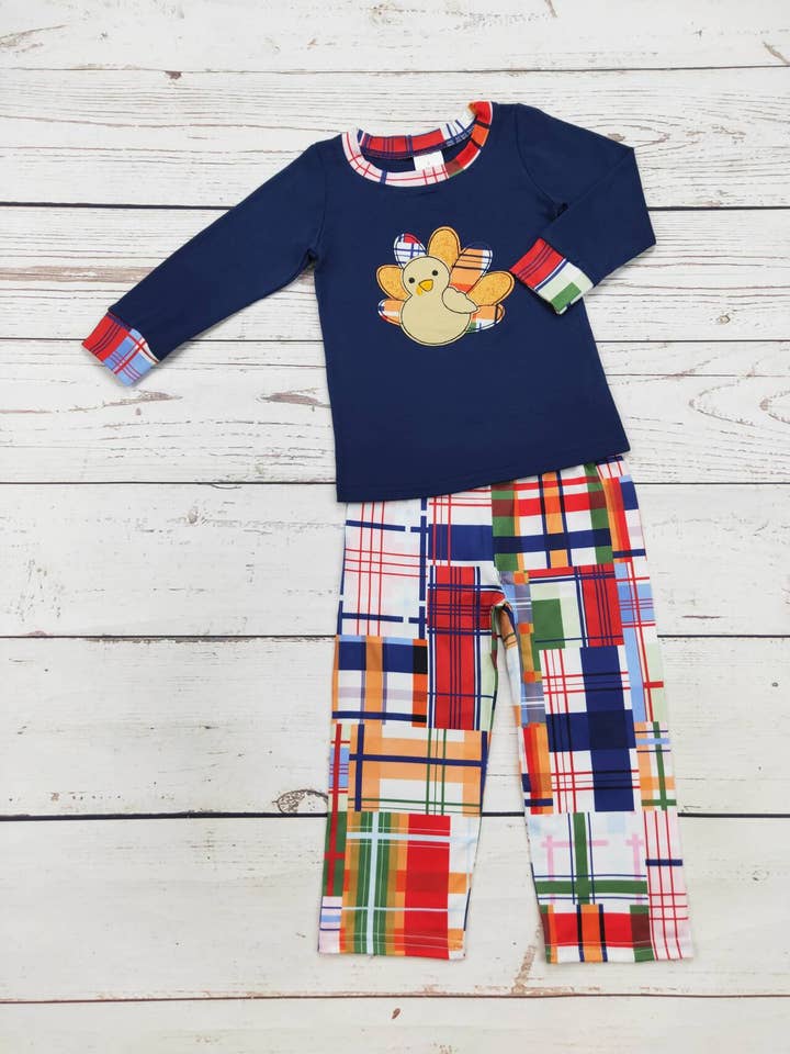 Ensemble de pantalons à carreaux appliqués en forme de dinde pour garçons pour la vente par sassy kids palace