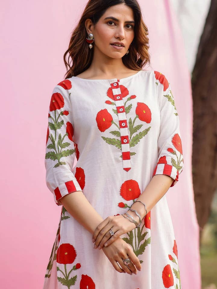 House of Amaya – wholesale Top & pants set (NOT Loungewear) – Women's – Abeer Red Poppy Straight Fit Kurta Pant Set5