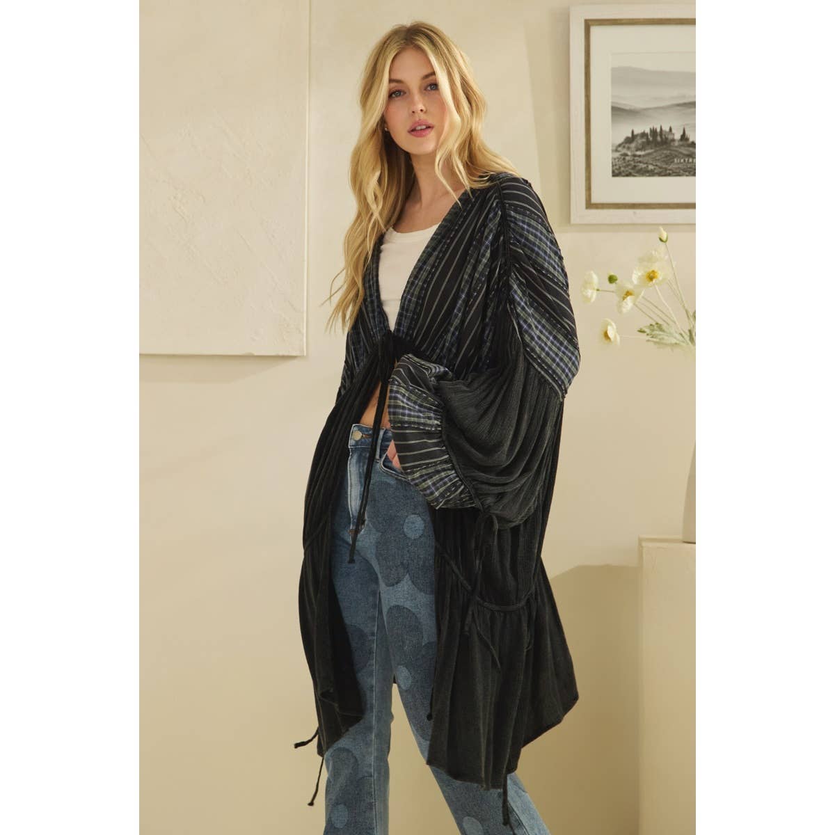 Oli&Hali - Wholesale Cardigan - Women's - WASHED FRONT TIE DRAWSTRING CLOSURE DUSTER11