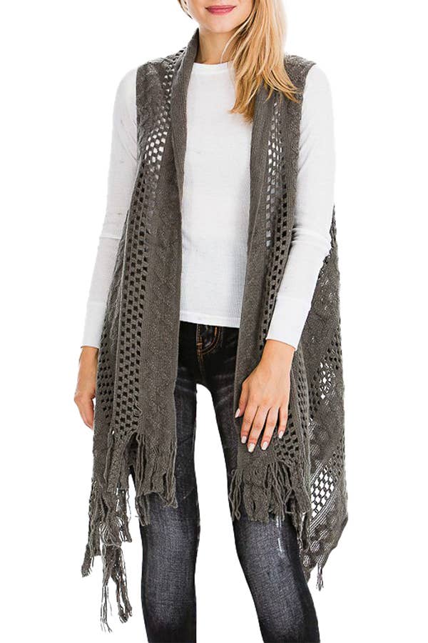 Cap Zone - Vendita all'ingrosso Gilè imbottito - Donna - Gilet lungo cardigan lavorato a maglia con frange lavorate all'uncinetto19