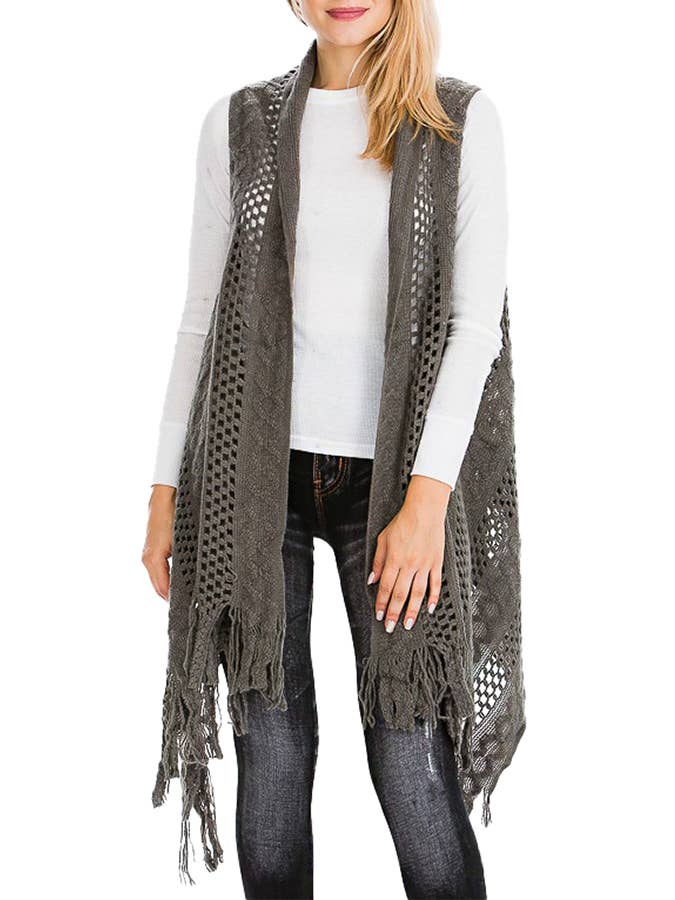 Cap Zone – Colete - Mulher por atacado – Cabo Crochet malha franja guarnição Cardigan Long Vest12